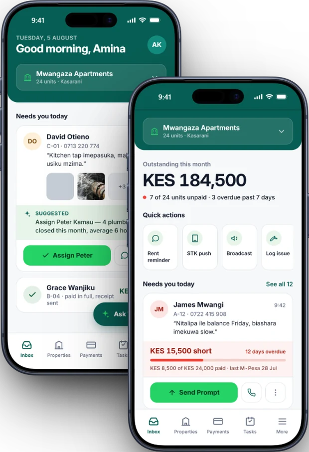 The Nyumbisha app on a phone, showing the day's list: a tenant who is short on rent with a Send Prompt button, and quick actions for reminders and M-Pesa.